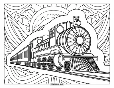 Train Coloring Page for Adults: A detailed mandala-style train filled with elegant patterns creates a relaxing coloring experience