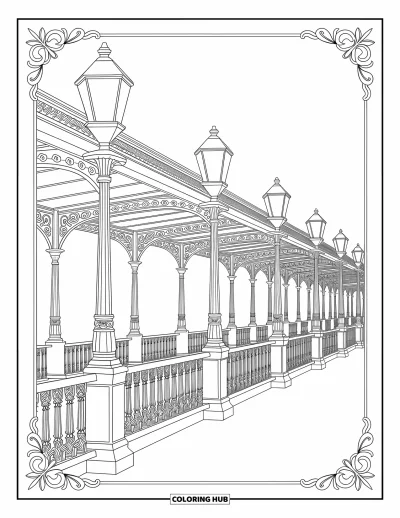 Train Coloring Page for Adults: A detailed train station with intricate metal railings and sophisticated architectural elements