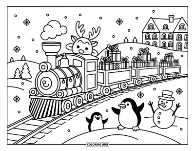 Train Coloring Page for Adults: A festive train chugs through snowy hills, carrying gifts and cheerful friends