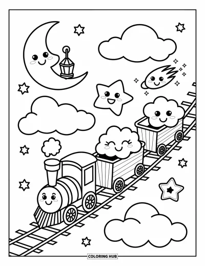 Train Coloring Page for Adults: A floating train glides through the sky, carrying stars and a sleepy cloud