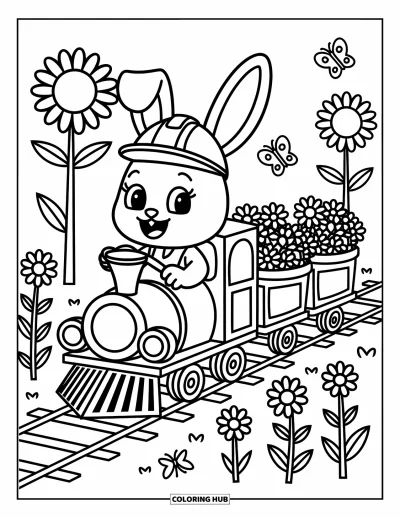 Train Coloring Page for Adults: A flower-filled train travels through a sunny field, driven by a bunny