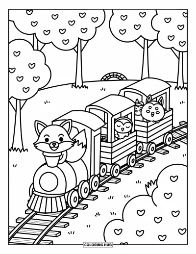 Train Coloring Page for Adults: A forest train chugs along wooden tracks, carrying a fox, owl, and mouse