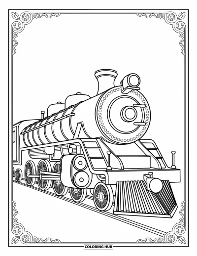 Train Coloring Page for Adults: A highly detailed steam train with ornamental engravings and elaborate surrounding patterns