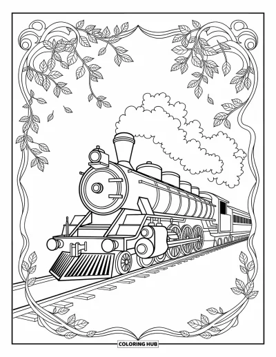 Train Coloring Page for Adults: A historic steam train with intricate details chugs past autumn trees and falling leaves