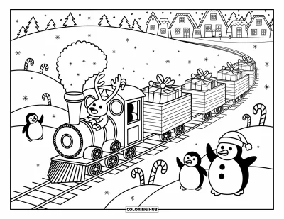 Train Coloring Page for Adults: A holiday train rolls through the snow, filled with presents and waving critters