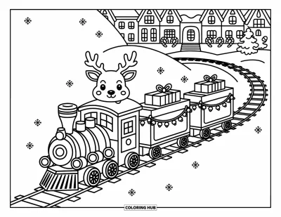 Train Coloring Page for Adults: A joyful train decorated with bells and garlands travels through a snowy wonderland