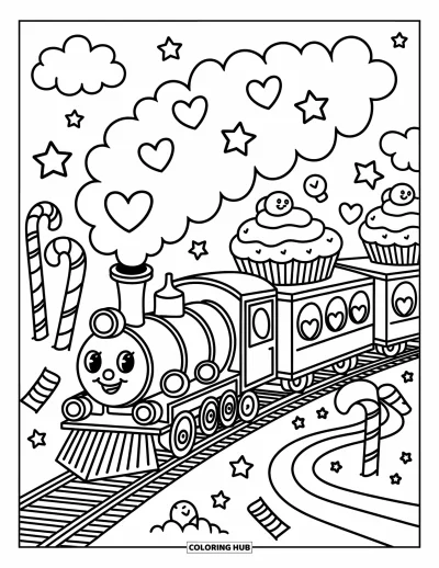 Train Coloring Page for Adults: A kawaii train puffs heart-shaped clouds past candy cane trees and chocolate rivers