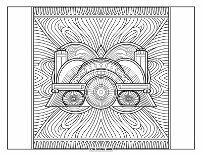Train Coloring Page for Adults: A mandala-inspired train with symmetrical designs and ornate shapes invites creativity