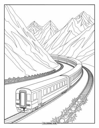 Train Coloring Page for Adults: A scenic train route winds through towering snow-covered mountains with intricate patterns