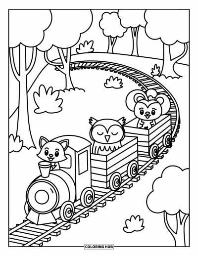Train Coloring Page for Adults: A small train winds through a forest, carrying a fox, owl, and mouse