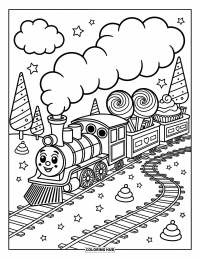Train Coloring Page for Adults: A smiling train chugs through a candy wonderland, filled with sweets and treats