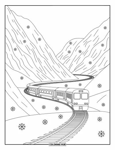 Train Coloring Page for Adults: A snowy mountain railway with elegant designs creates a serene, detailed coloring experience