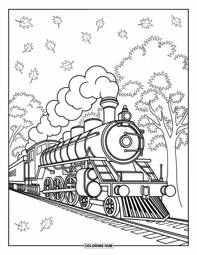 Train Coloring Page for Adults: A steam train rides past lush autumn trees, framed by swirling patterns and falling leaves