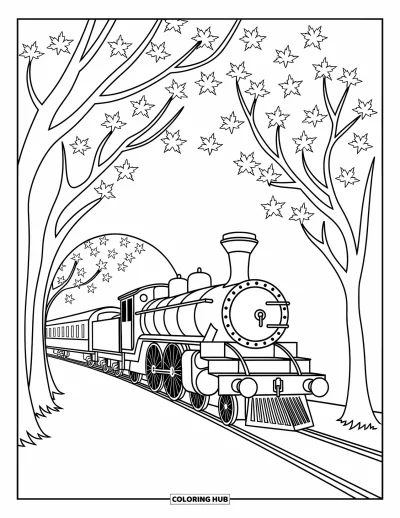 Train Coloring Page for Adults: A steam train with bold outlines travels through a tunnel of autumn trees and swirling leaves