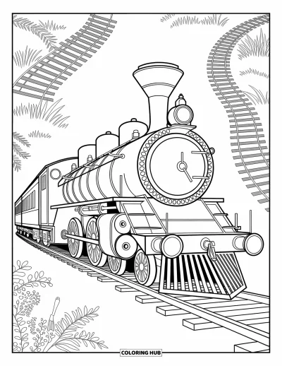 Train Coloring Page for Adults: A steam train with elegant engravings and swirling details offers a refined coloring experience