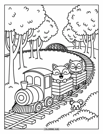 Train Coloring Page for Adults: A tiny forest train carries a fox, owl, and mouse through the woods