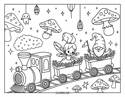 Train Coloring Page for Adults: A tiny train rolls through a fairy garden, carrying a fairy, dragon, and gnome