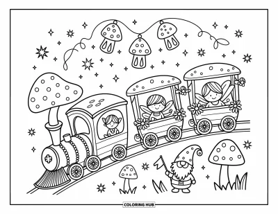 Train Coloring Page for Adults: A tiny train travels through a fairyland, carrying a fairy, dragon, and gnome