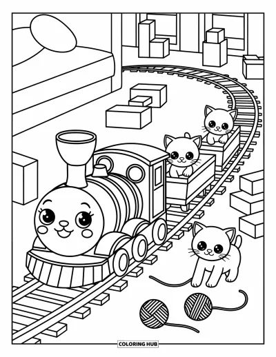 Train Coloring Page for Adults: A toy train carries playful kittens rolling yarn balls in a cozy bedroom