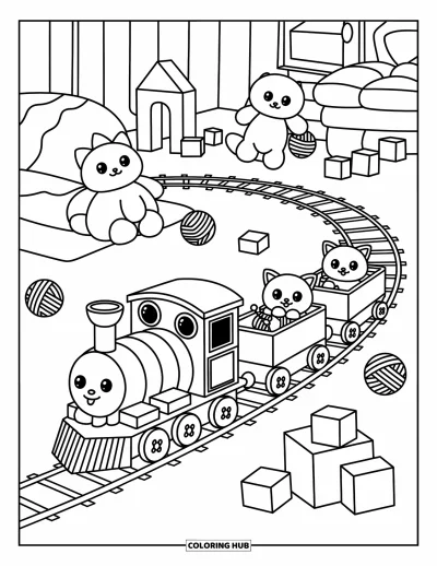 Train Coloring Page for Adults: A toy train rolls through a child's room, carrying kittens and fluffy yarn