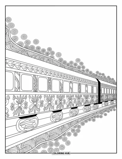 Train Coloring Page for Adults: A train adorned with floral and geometric motifs travels through a page filled with details