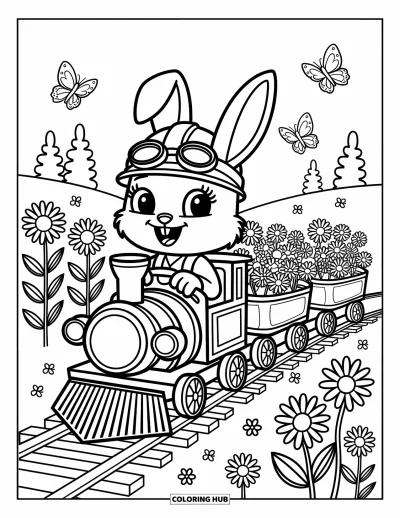 Train Coloring Page for Adults: A train filled with flowers rolls through a meadow, led by a cheerful bunny