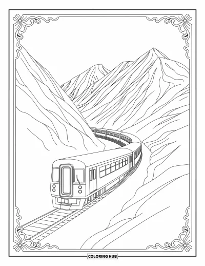 Train Coloring Page for Adults: A train glides through snowy peaks, framed by intricate patterns and geometric shapes