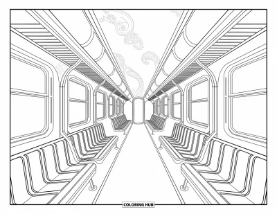 Train Coloring Page for Adults: A train interior with elegant details and artistic patterns fills the page with sophistication