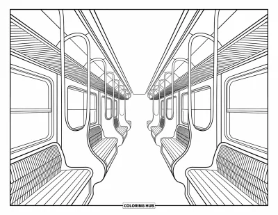 Train Coloring Page for Adults: A train interior with wooden seats and detailed overhead racks, decorated with intricate patterns