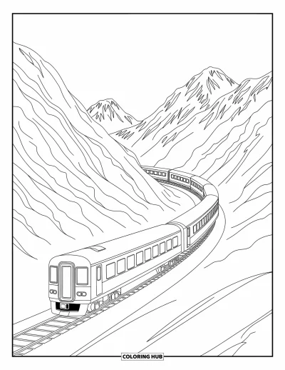 Train Coloring Page for Adults: A train passes through snow-capped mountains, surrounded by swirling decorative details
