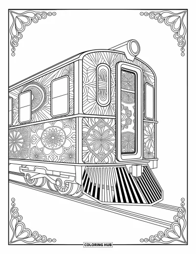 Train Coloring Page for Adults: A train with ornate floral and geometric patterns offers a relaxing, intricate design