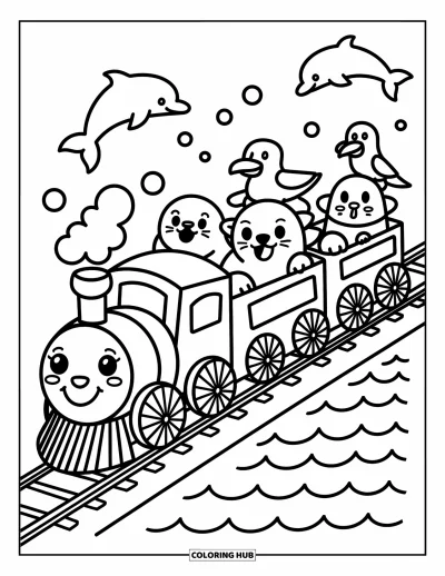 Train Coloring Page for Adults: A train with seashell wheels travels past dolphins, carrying cheerful sea creatures