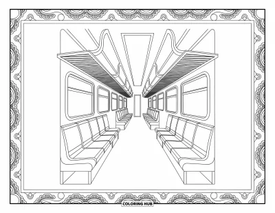 Train Coloring Page for Adults: A vintage train interior with ornate details and artistic patterns invites relaxation