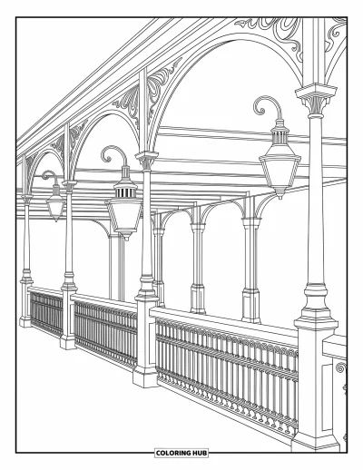 Train Coloring Page for Adults: A vintage train station with ornate railings and antique lamps, rich in decorative details