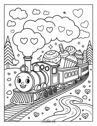 Train Coloring Page for Adults: A whimsical candy train travels through a sugary world of cupcakes and lollipops