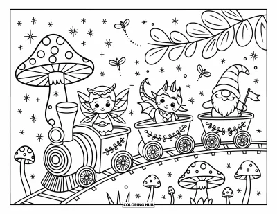 Train Coloring Page for Adults: A whimsical train with mushrooms and ivy carries magical creatures through a fairyland
