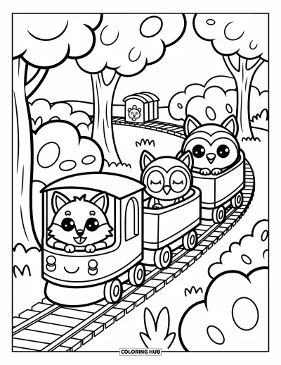 Train Coloring Page for Adults: A woodland train travels under puffy trees, carrying tiny animal friends