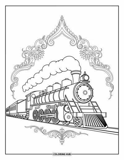 Train Coloring Page for Adults: An ornate steam train surrounded by artistic patterns and intricate decorative elements