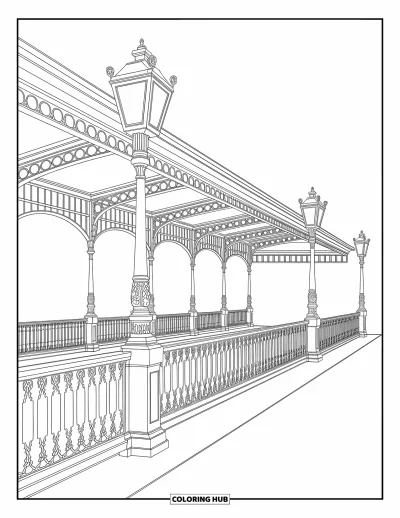 Train Coloring Page for Adults: An ornate train station with elegant railings, antique lamps, and intricate backgrounds