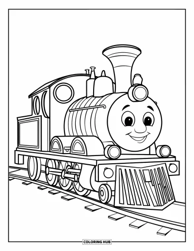 Train Coloring Page for Kids: A basic train with a rounded design rolls gently along a curving railway track