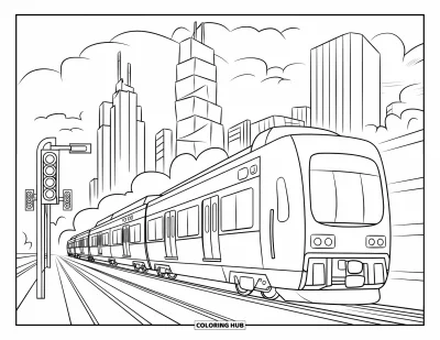 Train Coloring Page for Kids: A bustling city train with multiple cars moves through an urban landscape of skyscrapers and trees