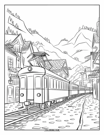 Train Coloring Page for Kids: A charming train rolls through an old town with cobblestone streets and classic architecture