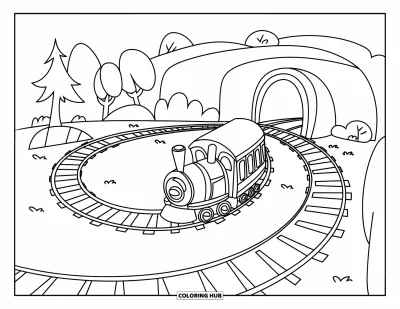 Train Coloring Page for Kids: A cheerful little train moves along a circular track surrounded by trees and a tunnel entrance