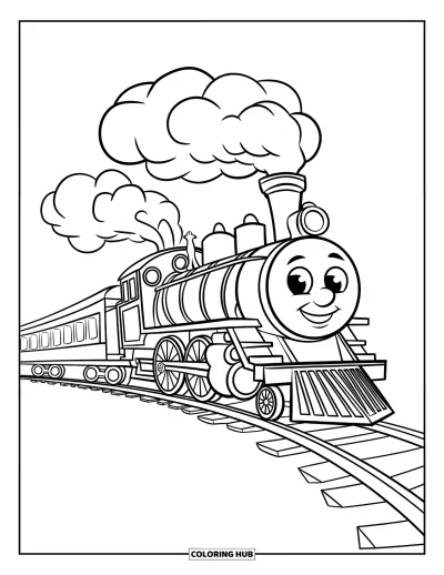 Train Coloring Page for Kids: A cheerful little train with big wheels puffs smoke as it chugs along a curved track