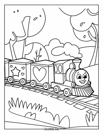 Train Coloring Page for Kids: A cheerful toy train with uniquely designed cars moves along a track in a simple landscape