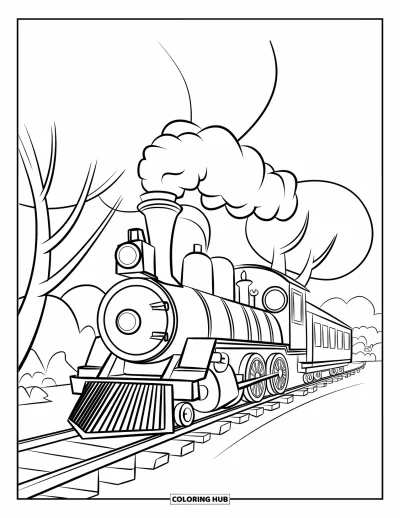 Train Coloring Page for Kids: A chubby steam train with oversized wheels puffs a single cloud as it rolls along the tracks