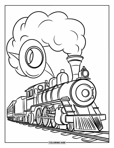 Train Coloring Page for Kids: A chunky steam train with giant wheels and a puff of smoke moves along a scenic track