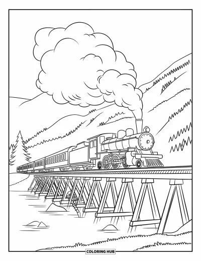 Train Coloring Page for Kids: A classic locomotive steams across a long wooden bridge over water, framed by trees and hills