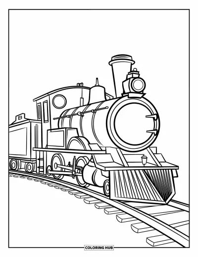Train Coloring Page for Kids: A classic locomotive with clean lines follows a curved track through an open, empty landscape