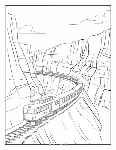 Train Coloring Page for Kids: A classic train winds through a deep canyon, passing layered rock formations and towering cliffs